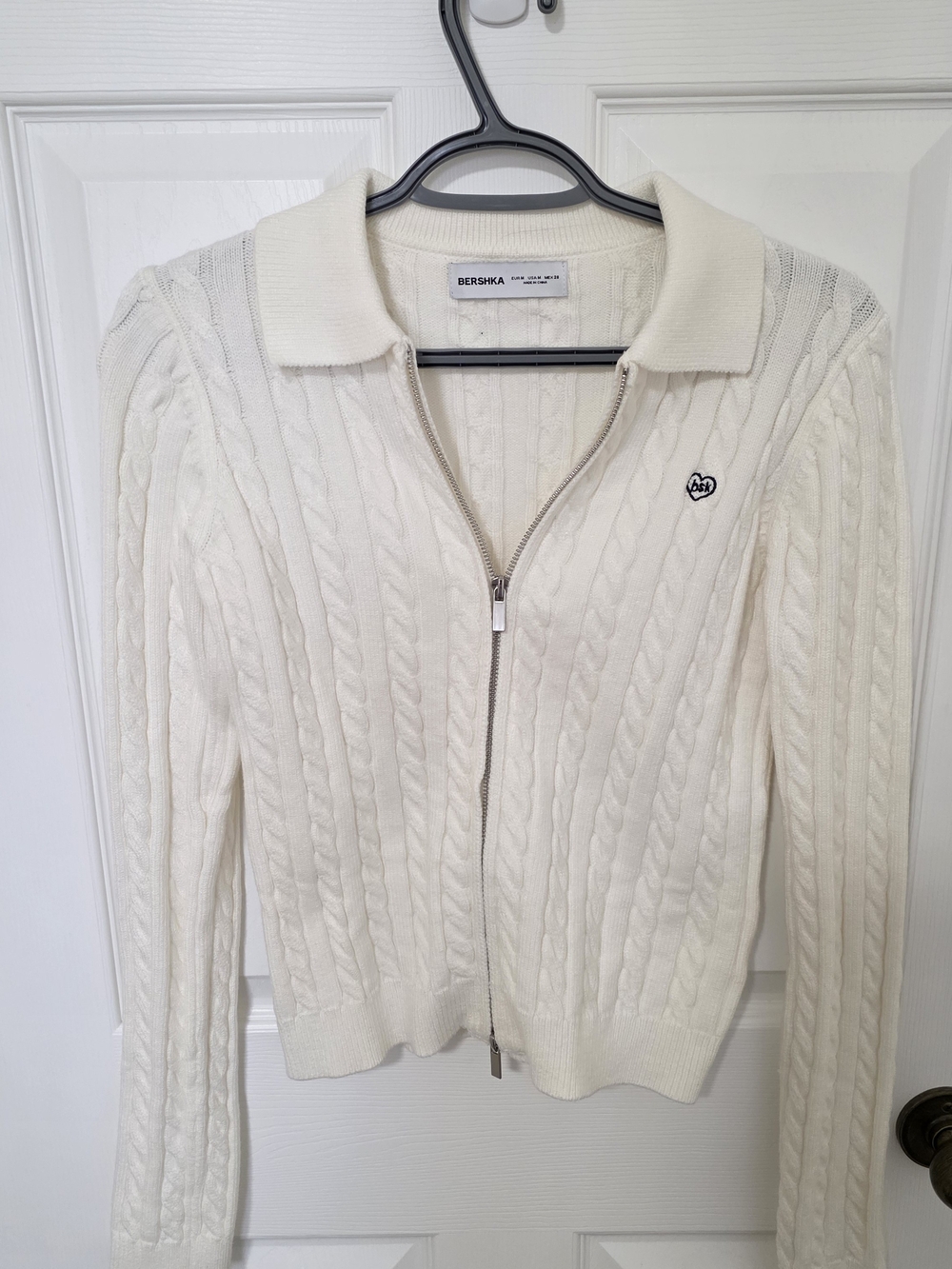 Bershka Ivory Cable-Knit Zip Collar Cardigan